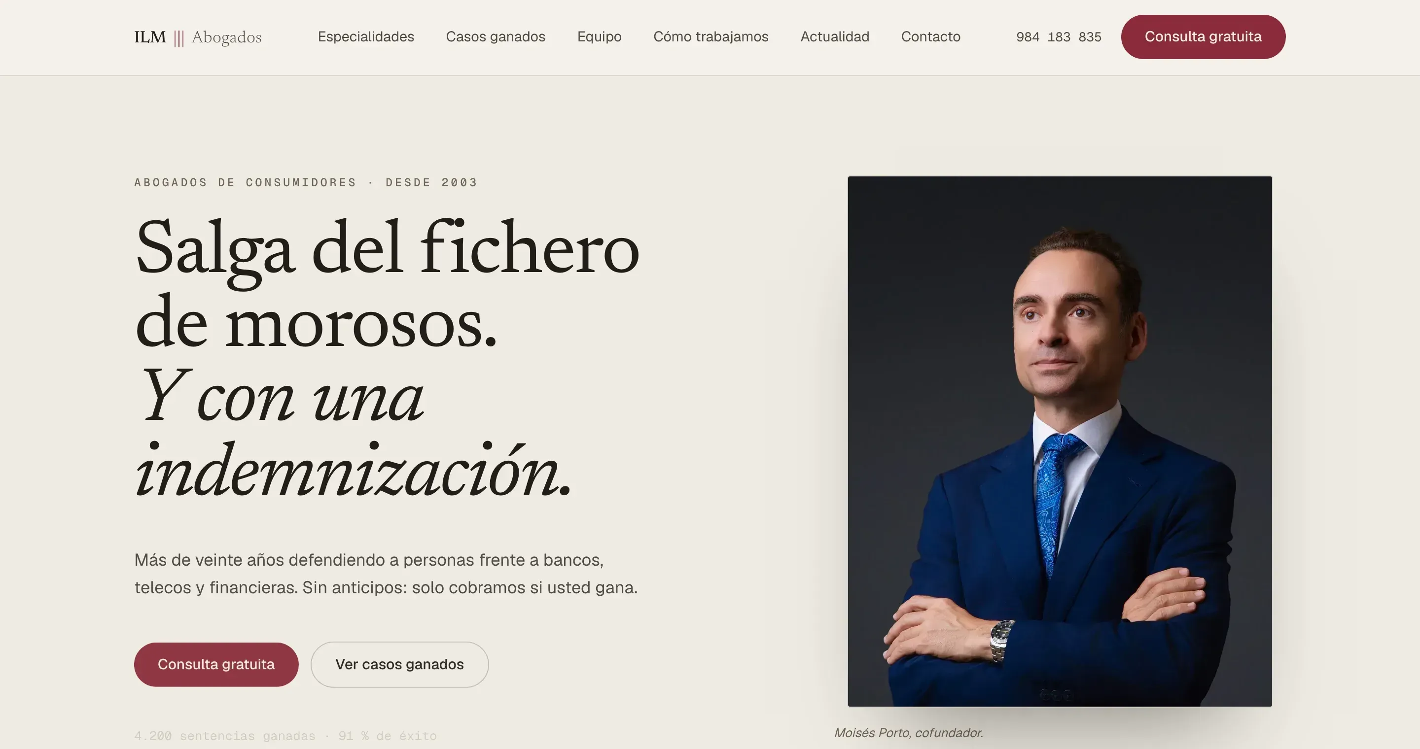 El rediseño de Aperture del sitio de ILM Abogados: papel cálido, un titular en serif editorial y el retrato del socio integrado en la composición.