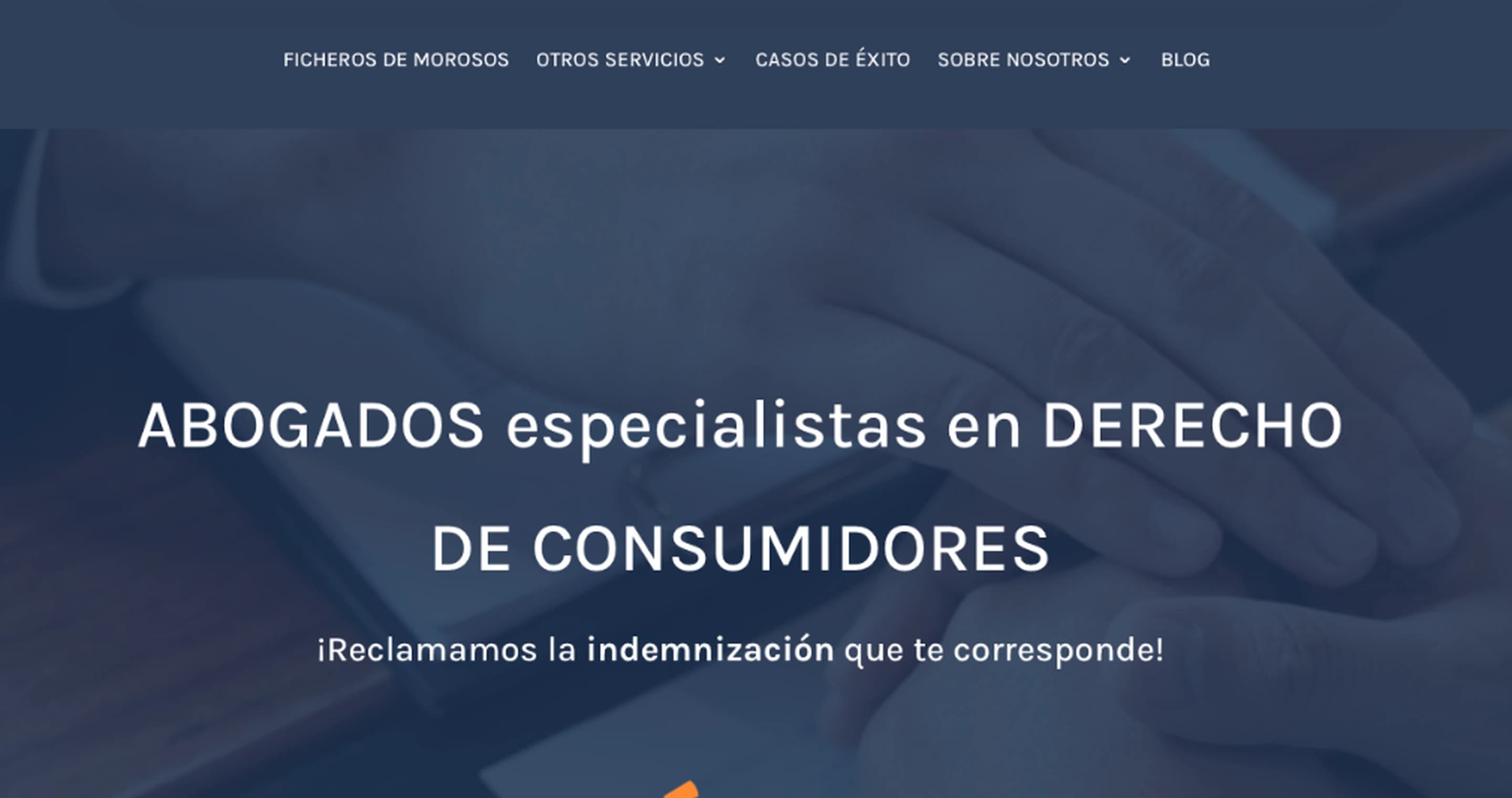 The firm's current website — the original WordPress template: a dark stock photograph of hands over a document behind a centred menu, the headline in flat white sans-serif.