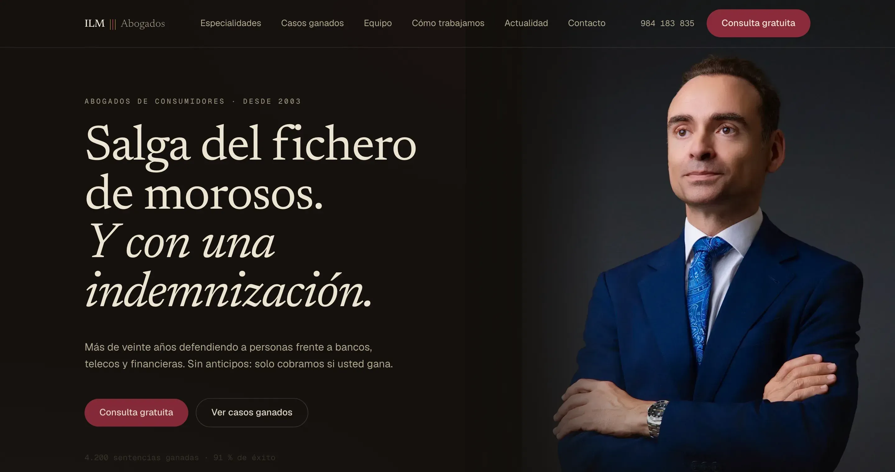 The abandoned first direction — the homepage in near-black, the partner portrait dissolving into a dark field.