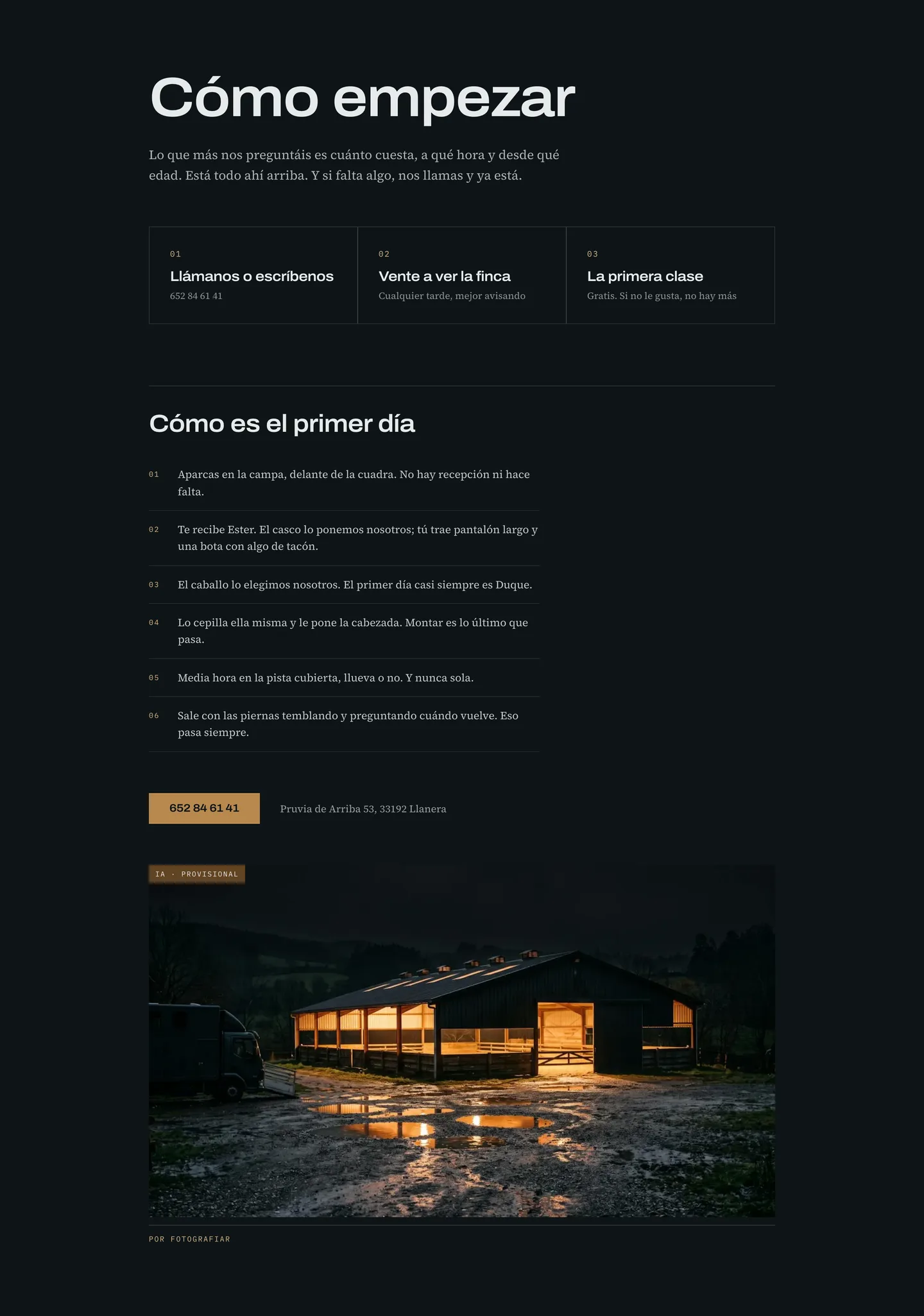 «Cómo empezar» y los seis pasos del primer día, sobre el negro de la noche del concepto para Arabian. Los pasos y la primera clase son un concepto; la fotografía está marcada como provisional.
