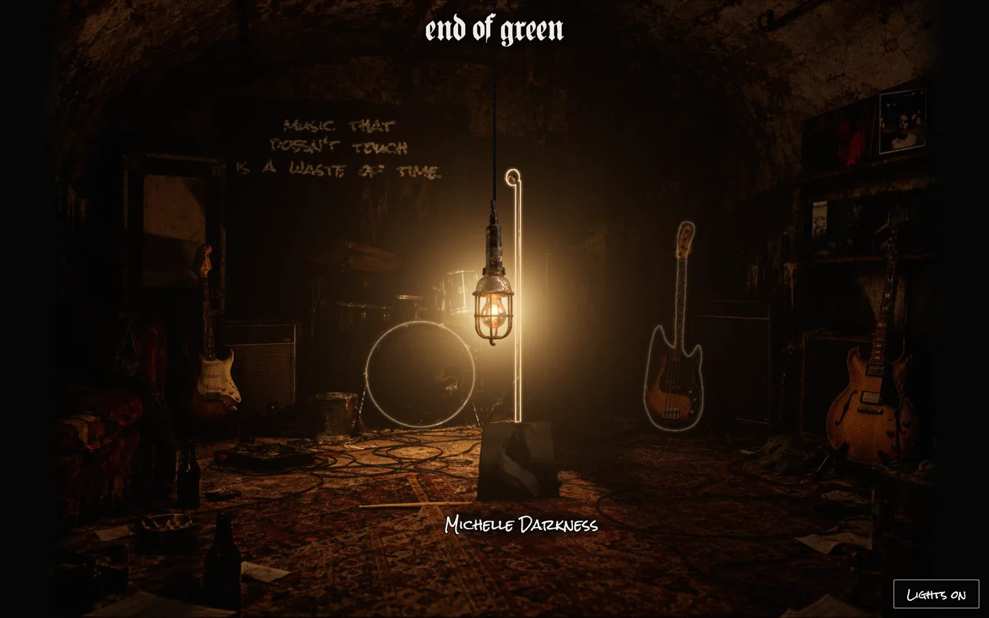 Die Lampe senkt sich auf ein Instrument, und der Name dessen, der es spielt, erscheint: Michelle Darkness