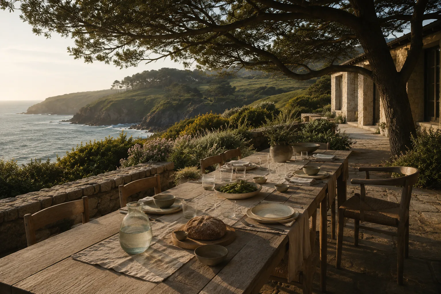 Mesa larga puesta bajo un pino, sobre la terraza de piedra frente al mar