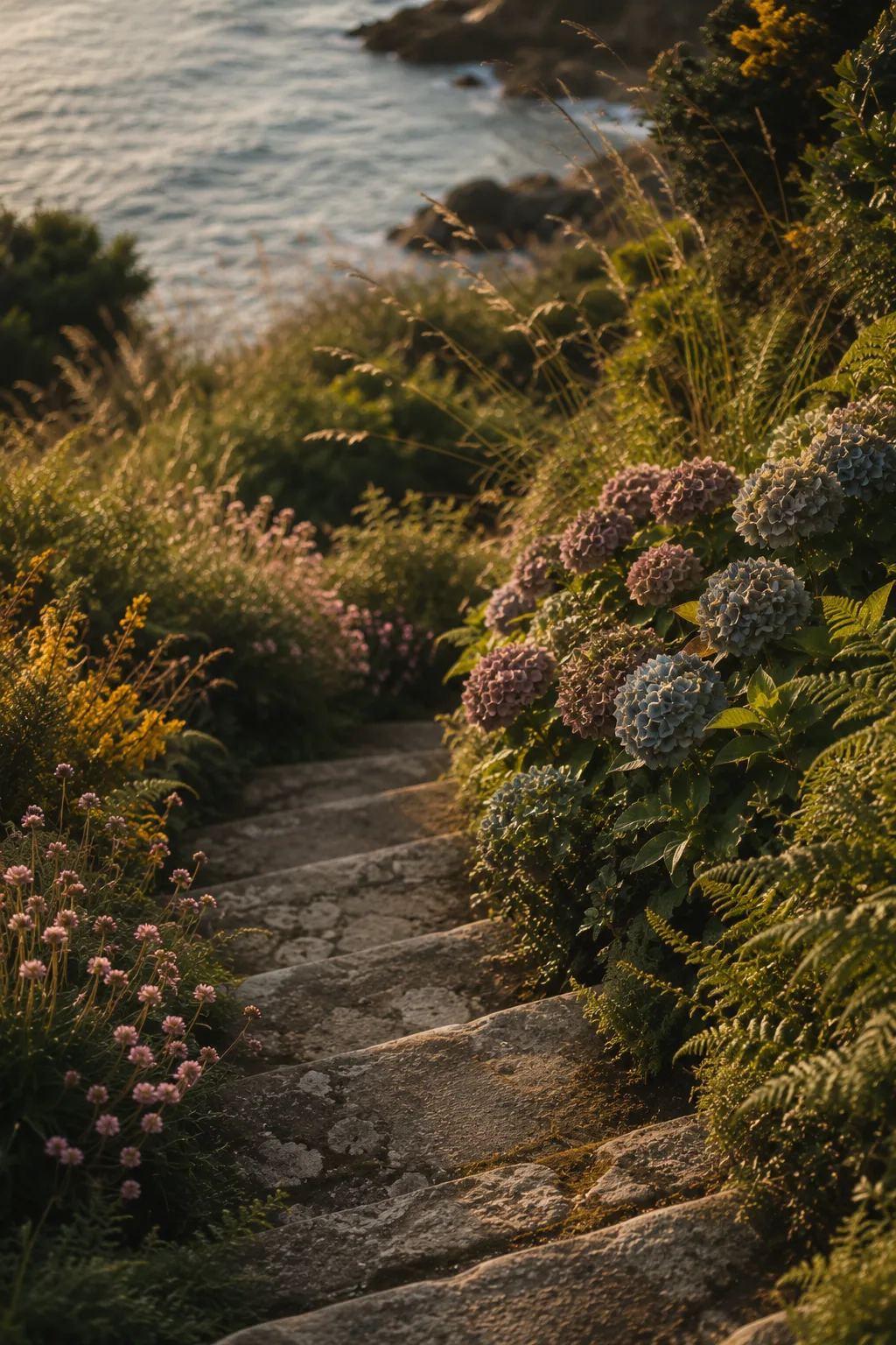 Granite steps among hydrangeas